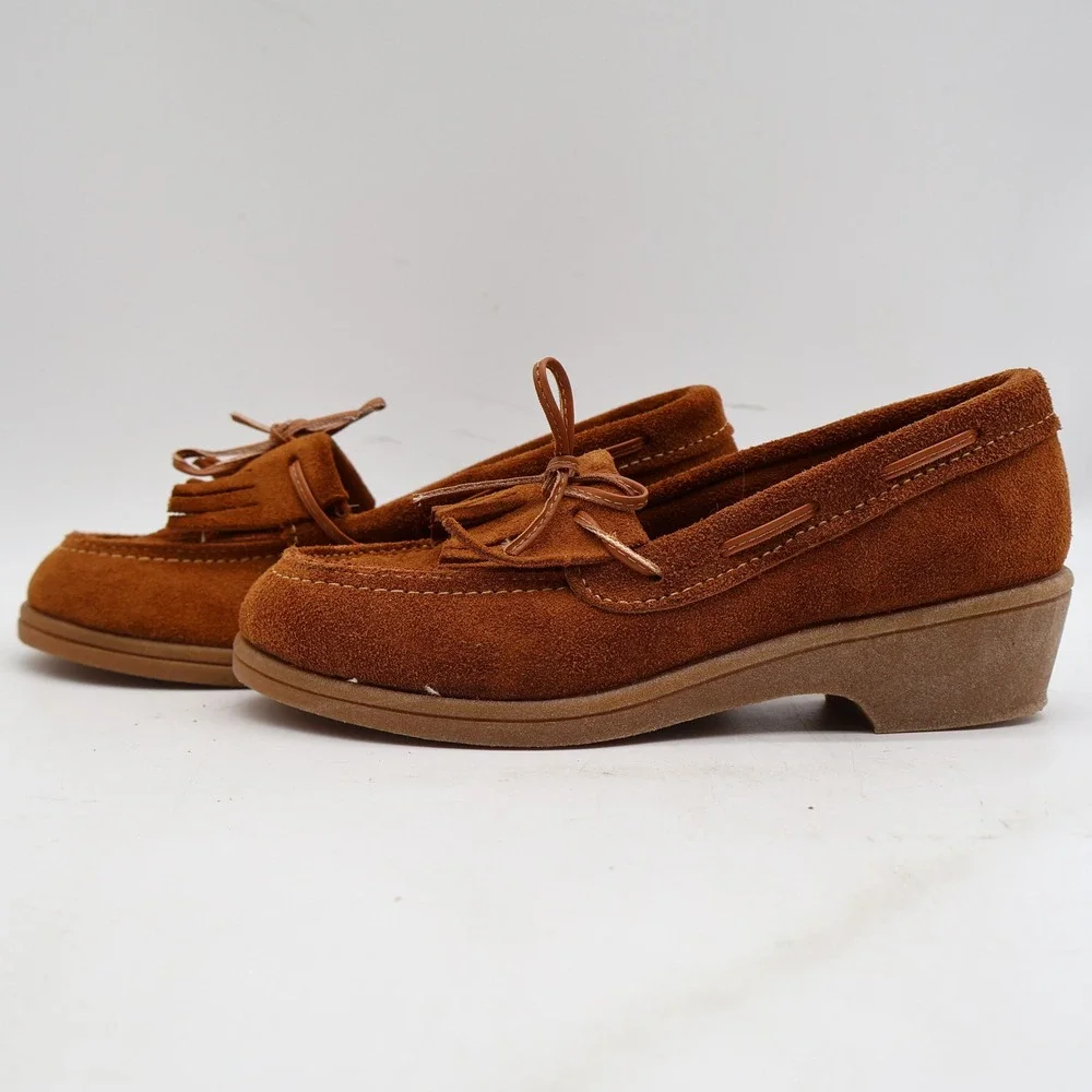 Young Ones Loafers Youth 13 Vintage Brown Suede Kiltie Fringe Moc Toe Wedge